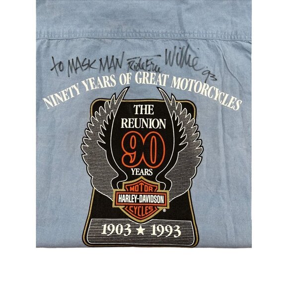 Harley‎ Davidson 90th Anniversary Reunion Chambray Shirt XL AUTOGRAPHED Blue - Picture 6 of 8